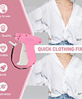 Easy Peasy Ergonomic Stitch Gun For Swift Clothing Patches And Soft Fabric Fix Ups With Two Thousand Micro Staples Plus Spare Tips In Cool Berry Pink Color displayed with white shirt before and after repair.