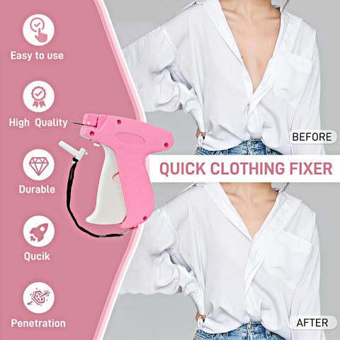 Easy Peasy Ergonomic Stitch Gun For Swift Clothing Patches And Soft Fabric Fix Ups With Two Thousand Micro Staples Plus Spare Tips In Cool Berry Pink Color displayed with white shirt before and after repair.