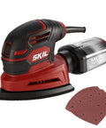 Corded Detail Sander With 1 Amp Motor And 12000 Orbits Per Minute Micro Filtration Dust Box Includes 3 Sanding Papers And Dust Port Vacuum Attachment For Clean Smooth Wood Finishes And Easy Dust Control, showing red and black design with dust box and sanding papers