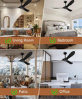 Black Ceiling Fan No Light 52 Inch For Outdoor Patios Porch Bedroom And Kitchen With Remote installed in various rooms