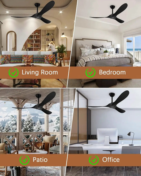 Black Ceiling Fan No Light 52 Inch For Outdoor Patios Porch Bedroom And Kitchen With Remote installed in various rooms