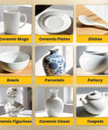 Premium Ceramics Super Glue Two Pack With Slick Micro Tips Delivering Hella Strong Food Safe Pottery And Porcelain Repair Bond For Mugs Plates And Figurines Quick Setting with various ceramic items.