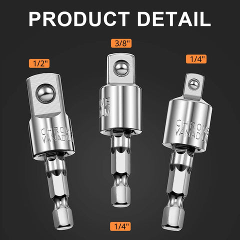 Flexible Drill Bit Extension Set With Bendable Shaft 105 Degree Angle 1/4, 3/8, 1/2 inch hex socket adapters detail
