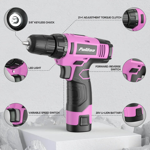 Close-up of 12V pink cordless drill with LED from the 149 Piece Home Tool Set With 12V Pink Cordless Drill LED Light And Tool Box
