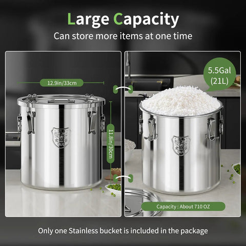 Heavy Duty Stainless Steel Airtight Food Storage Bucket With Secure Locking Lids Great For Bulk Rice Flour Dog Food Or Coffee, 21L capacity.