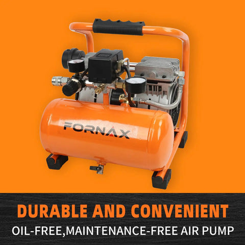 Fornax Ultra Quiet Air Compressor 1.3 Gallon Oil-Free Portable Unit With 1HP Motor And 65dB Silent Operation Ideal For Tire Inflation Nail Gun Garage Projects And Bike Maintenance At Max 125 PSI Power