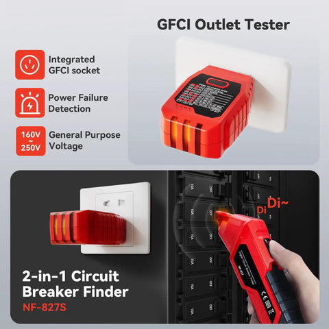 Circuit Breaker Locator And GFCI Outlet Tester Digital Circuit Finder For Home Wiring No Fuss Quick Breaker Scan And Outlet Wiring Check Open Circuit Detection Portable Electrical Diagnostic Tool, red NF-827S