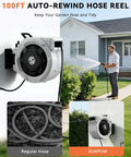 Retractable Garden Hose Reel With Auto Slow Retract No Tangle, 100 Ft, wall mounted, in use during lawn watering
