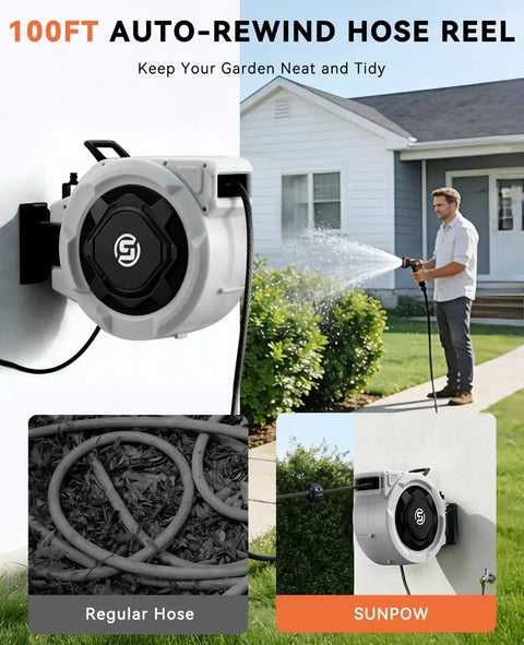 Retractable Garden Hose Reel With Auto Slow Retract No Tangle, 100 Ft, wall mounted, in use during lawn watering