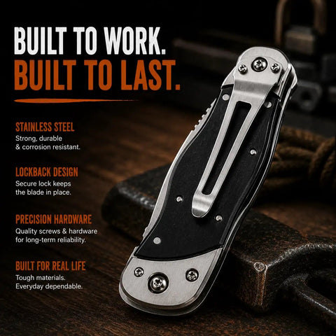 Heavy Duty Folding Utility Knife With Belt Clip EDC Pocket Knife And Box Cutter Gift Set For Men, closed on table