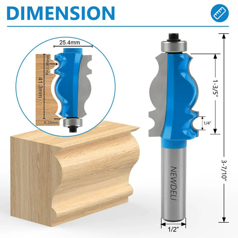 Architectural Molding Router Bit Set, Half Inch Shank, shows dimensions and cutting profile with wood sample