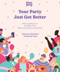 Illustration of diverse group having fun at a party with confetti and text 'Your Party Just Got Better', purple and pink theme.