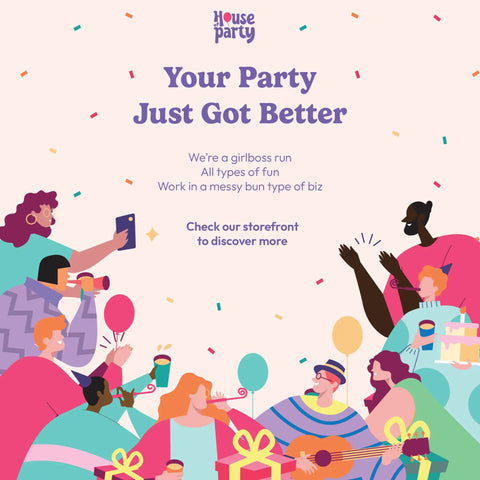 Illustration of diverse group having fun at a party with confetti and text 'Your Party Just Got Better', purple and pink theme.