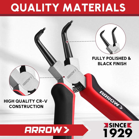 Heavy Duty Snap Ring Pliers Set 4 Piece 7 Inch Circlip Pliers Kit With Internal And External Pliers Straight And Bent Jaws For Auto Repair And DIY CR V Steel Spring Loaded With Storage Pouch, featuring high quality CR-V construction and polished black finish.