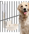 Hanging Gravity Water Dispenser For Small Pets Automatic Cage Hydration Bowl Self Refilling Spout For Rabbits Guinea Pigs And Kittens next to a golden retriever.