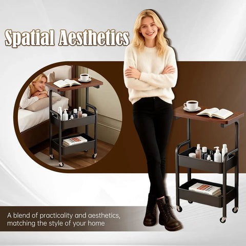 3 Tier Metal Rolling Utility Cart With Walnut Top placed next to a bed, showing practicality and spatial aesthetics with cosmetics and coffee settings