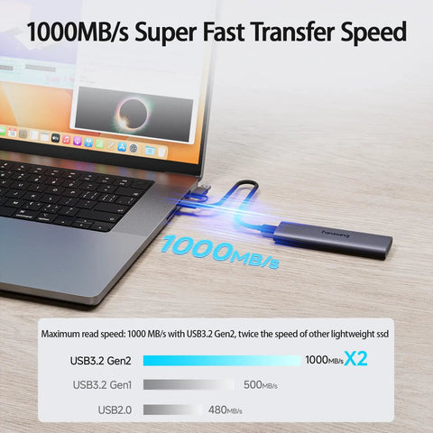 Ultra Fast 2TB External SSD With USB 3.2 Gen2 Type C connected to laptop, highlighting 1000MB/s speed, PS1008, aluminum alloy.