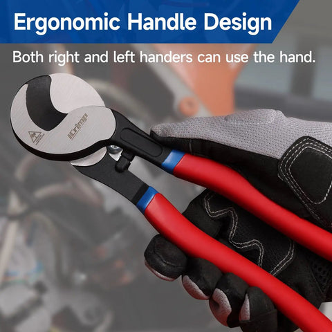 Pro Grade Heavy Duty Cable Cutter And 9 Inch Wire Snips with ergonomic handles for right and left handed electricians.