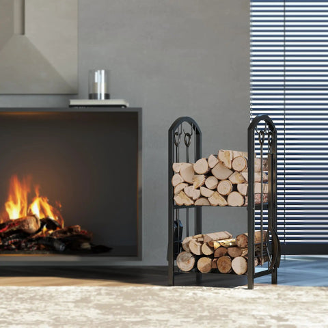 Five Piece Firewood Log Rack And Tools Set For Fireplace And Fireside Use Black Storage Holder beside fire