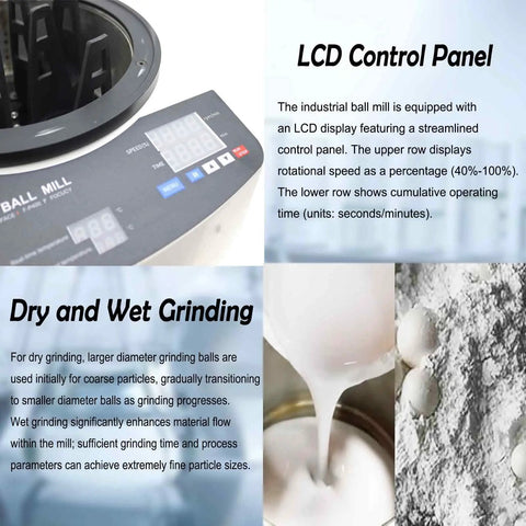 Beefy Four Jar Desktop Ball Mill Grinder LCD display and grinding options, showing control panel and wet grinding process