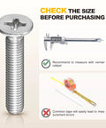 DIY Ready Stainless Steel Phillips Countersunk Bolts Kit, image showing bolt with vernier caliper for accurate measurement.