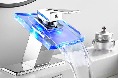 LED Bathroom Sink Faucet With Three Color Changing Light Waterfall Glass Spout Hot Cold Water Mixer Single Handle One Hole Deck Mounted Chrome