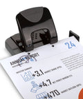 Built Different Two Hole Punch Crushes Twenty Sheets Like Nothing Else With Smart Touch Low Effort Grip And Tight Accuracy Alignment Track For Quick Paper Organizing Jobs In Sleek Black Gray over an annual report.