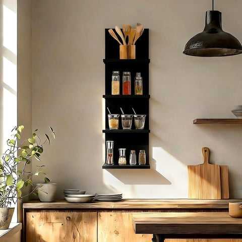 Upgrade Your Walls No Fuss Needed, Four Tier Black Corner Shelves For Room And Kitchen Decor, Vertical Floating Display Rack For Makeup Perfume And Plants, Solid Floor Space Savior With Sleek Finish