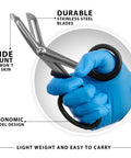 Heavy Duty EMT Shears 12 Pack 7.5 Inch Rainbow Fabric Scissors For EMS Nurses And Crafting Tailoring Razor Sharp Stainless Steel With Serrations Tough Enough To Cut A Penny In Half, blue glove holding stainless blades