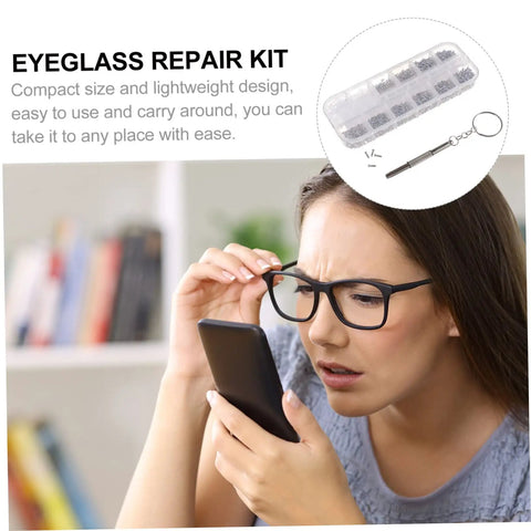 Woman adjusting glasses with Essential Glasses Repair Tools Kit With Assorted Screws And Mini Screwdrivers shown in inset.