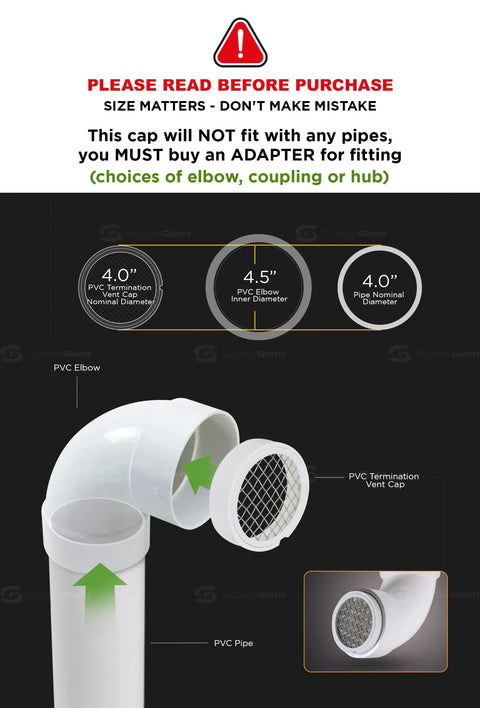 PVC Termination Cap Mesh Screen Vent Cover For Furnace And Roof Vents displayed on PVC elbow pipe