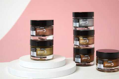 Pebeo gilding wax jars; metallic copper, empire gold, silver, bronze tones, six jars total