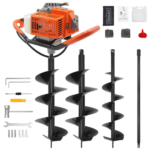 Gas Powered Post Hole Digger Workhorse With 72cc Engine, 2 Stroke Auger with 6 and 8 Inch Bits and Extension Rod for Farm Use