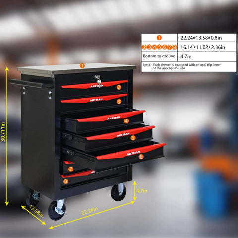 Heavy Duty Steel Tool Cabinet With Lock And Ball Bearing Drawers On Mobile Wheels For Garage Or Workshop Smooth Quiet Drawer Operation Secure Tool Storage In Durable Black And Red Finish, showing multiple open drawers.