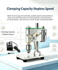 3.8 Inch Electric Mini Bench Drill Press With Cast Iron Base For Woodworking Jewelry DIY Metal Drilling Tool Stepless Variable Speed 400 To 4500 RPM And Wide Jaw Capacity Clamping Range displaying clamping capacity and speed control features.