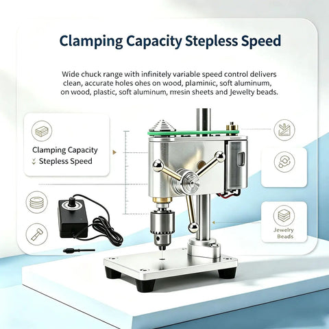 3.8 Inch Electric Mini Bench Drill Press With Cast Iron Base For Woodworking Jewelry DIY Metal Drilling Tool Stepless Variable Speed 400 To 4500 RPM And Wide Jaw Capacity Clamping Range displaying clamping capacity and speed control features.