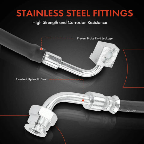 Close-up of stainless steel fittings on Front Brake Hydraulic Hose For Ford E250 E350 Econoline And E450 Super Duty 2-Piece Front Left Replacement Direct Fit ABS Compatible Fits 1995 Through 2005 E Series