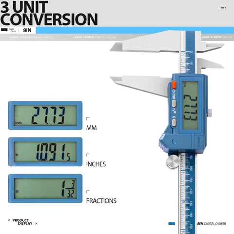 8 Inch Digital Caliper IP54 Stainless Steel Water Resistant With Large LCD Display showing unit conversions for mm, inches, fractions