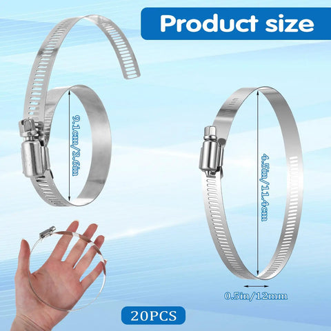 Close-up of 20 Pieces 4 Inch Stainless Steel Hose Clamps 304 Grade Worm Gear showing size and hand for scale.