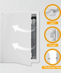 Heavy Duty Drywall Ceiling Access Panel 12 By 16 Inches With Reinforced Plastic Wall Door Removable Hinged Cover White Tough As Nails Built To Last For Easy Plumbing Electrical And HVAC Access In Homes And Job Sites features latch, hinges, and thickened panel details