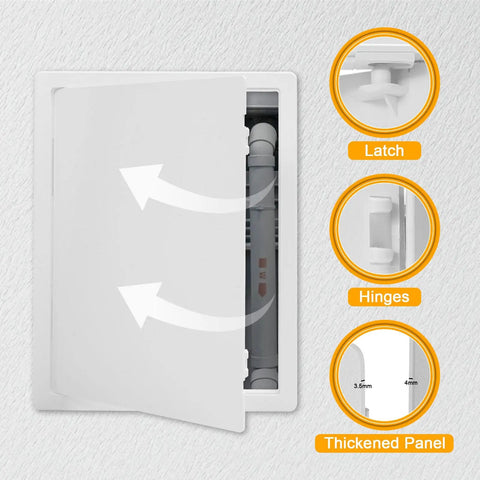 Heavy Duty Drywall Ceiling Access Panel 12 By 16 Inches With Reinforced Plastic Wall Door Removable Hinged Cover White Tough As Nails Built To Last For Easy Plumbing Electrical And HVAC Access In Homes And Job Sites features latch, hinges, and thickened panel details