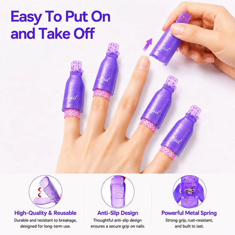 Close-up of hand with 20 Piece Nail Remover Clips Kit For Fingers And Toes Reusable Gel Soak Off Clips showcasing anti-slip design.