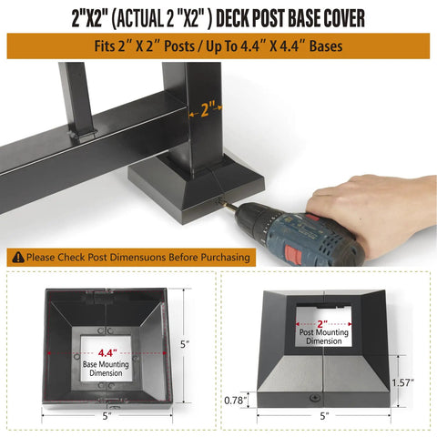 2"X2" deck post base cover fitting 2" posts, 4.4" base, heavy duty aluminum with matte black finish.
