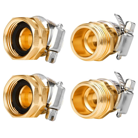 Garden Hose Repair Kit With Clamps, 2 Set, Aluminum Copper-Look Connectors For 3/4 Inch Or 5/8 Inch Fittings, 4 Clamps, Male and Female Connectors
