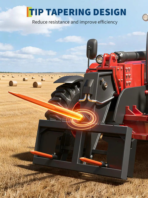 49 Inch Hay Spear With 3000 Lbs Capacity Orange Powder Coated Bale Fork For Tractors And Skid Steer Loaders Beefed Up Heavy Duty Steel