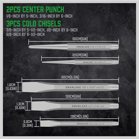 Versatile 16 Piece Punch And Chisel Set With Pro Grade Taper Punch Pin Center Punches Cold Chisels And Gauge size details