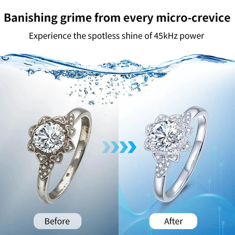 Before and after comparison of a ring cleaned with Heavy Duty Portable Ultrasonic Jewelry And Eyeglasses Cleaner Featuring A Slick Stainless Steel Tank For Legit Deep Sonic Washing.