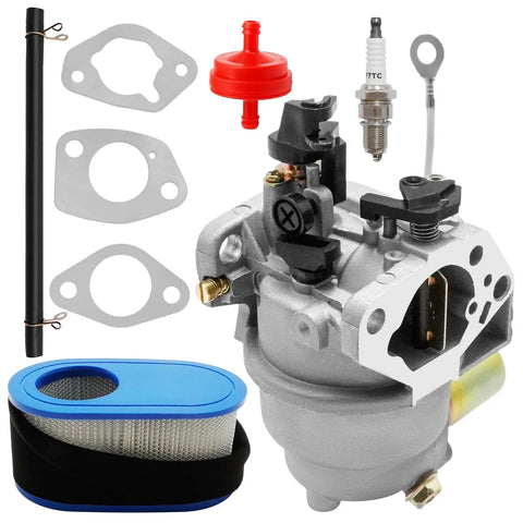 Go-To Carburetor Replacement For 420cc Lawn Mower Engines Compatible With CC30 CC760ES T1000 T1200 R1000 LT4200 And 4P90HUA HUB HUC With Tune Up Kit Included, showing gaskets, air filter, spark plug, and fuel line.