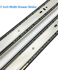 Top Shelf 10 Inch Full Extension Drawer Slides Five Pair Ball Bearing Side Mount Butter Smooth Glide Zinc Plated Cold Rolled Steel Heavy Duty Sixty Pound Load Capacity 1.57 inch width drawer slides close-up.