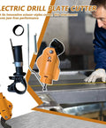 Drill Attachment Metal Shears Power Nibbler Cutter for quick metal cutting on a workbench with operator using the tool.